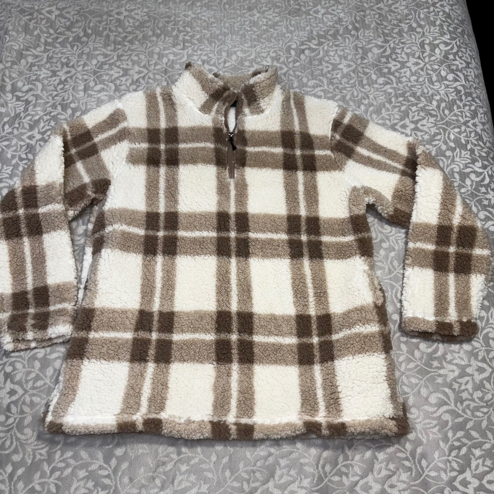 Stillwater Supply Womens XL Sherpa Fleece Quarter Zip Plaid Pullover Cream Brown